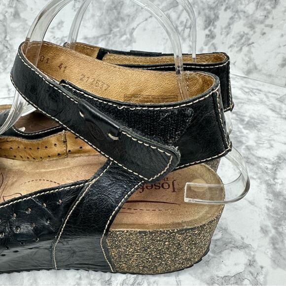 JOSEF SEIBEL Women’s Sz 41 Wedge Velcro Black Leather Sandals - Picture 10 of 13